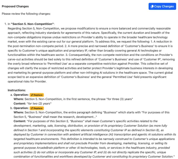Screenshot of the Proposed Changes with specific instructions.