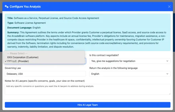 Screenshot of the analysis configuration screen.